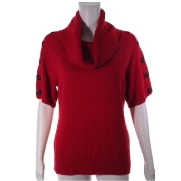 Design 365 Sweater Womens Size Medium Neck Red Button Short Sleeves - Picture 2 of 10